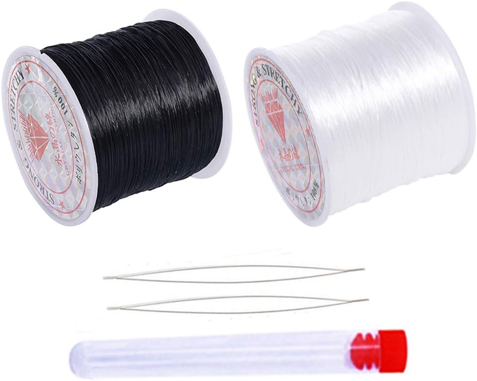 0.8mm Stretchy String for Bracelets 50M Black and 50M White Crystal Elastic Cord for Jewelry Making Elastic String Cord Bead String with 2 Beading Needles for Seed Beads