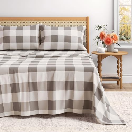 Great Bay Home Flannel Sheet Set King Size - 100% Turkish Cotton, Double-Brushed, Printed Bed Sheets - Ultra-Soft, Cozy, 4-Piece Bedding Set (Buffalo Check - Grey) - Thumbnail 3
