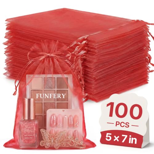 Image of FUNFERY 100PCS Red Organza Gift Bags 5x7in,Drawstring Pouch for Jewelry