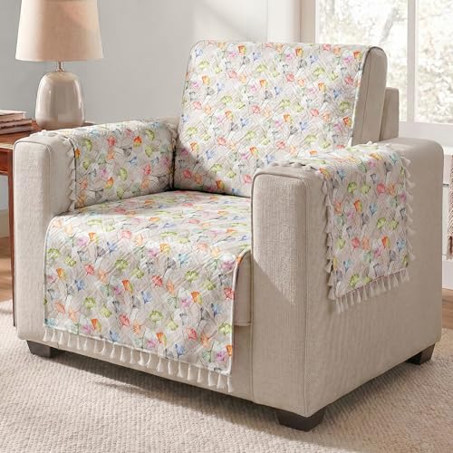 Image of Story@Home Premium Velvet Sofa Cover with Tassels for 1 Seater |Full Protection for Sofa Seat, Back & Arms | Anti Slip Sofa Cover Mat with 2 Armrest Cover, 1 Seater (152 x 61 CM) - White & Multi Color