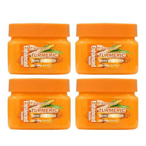 Amococo 4Packs Turmeric Body Scrub Botanical Skin Cleanser for Dullness & Uneven Tone Gentle Exfoliating Scrub for Smooth & Glowing Skin Texture 9.8 oz*4