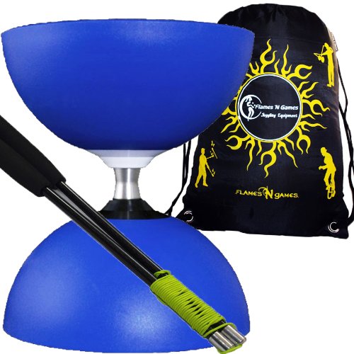 Henrys "Circus Free Hub" Avec Roulement Billes (Bleu) Large Axe Pro Diabolo Set avec Pro Baguettes en CARBONE, Ficelle Diabolo +Flames N Games Sac de Transport.