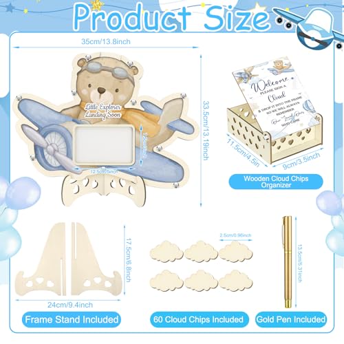 Image of Wenqik 63 Pcs Airplane Little Explorer Landing Soon Baby Shower Guest Book Alternatives Set Baby Shower Decorations with Photo Frame Sonogram Frame Keepsake 60 Wood Slices Guest Book for Birthday
