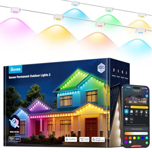 Govee Permanent Outdoor Lights 2, 150ft RGBIC Outdoor Lights with 108 LED Lights, IP67 Waterproof, 100 Scene Modes with 40lm White for Outdoor Decorations, Works with Alexa, Google Assistant, White