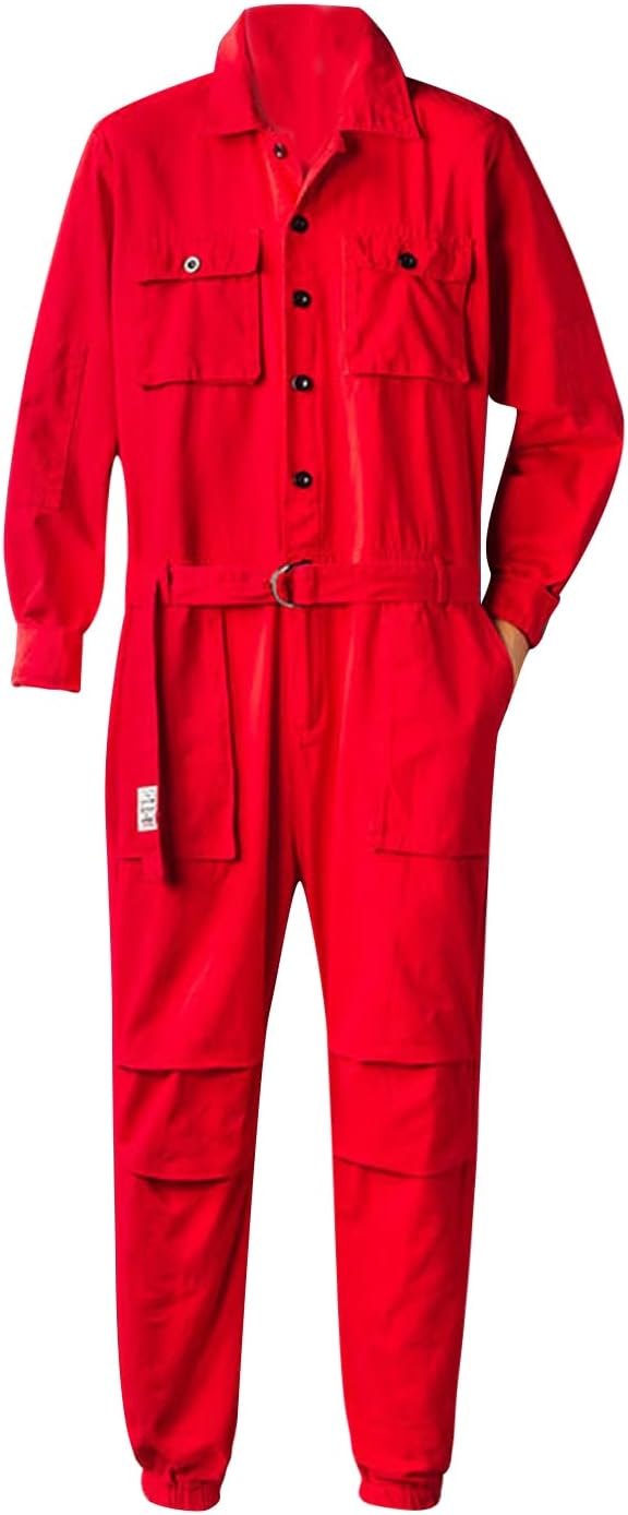 Snoly Men Cotton Button Flight Suit With Belt, Twill Stain & Wrinkle Resistant Work Coverall, Action Back Jumpsuit