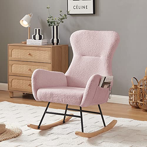 Image of hansones Rocking Chair Nursery,Modern Accent Rocking Chair,Upholstered Nursery Glider Rocker for Baby,Rocking Chair Indoor for Living Room/Bedroom/Nursery (Pink Teddy Fabric)