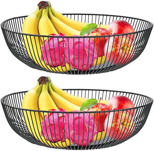 2PCS Black Wire Fruit Basket,Fruit Bowl,Metal Wire Fruit Basket,Metal Fruit Bowl, 28x7.5cm Countertop Metal Fruit Bowl,Steel Wire Fruit Basket Round,Modern Fruit Basket for Fruits Vegetable Snack