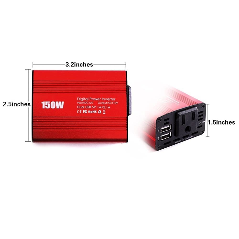 Onda Sinusoidale Pura Power Inverter 150W Auto Power Inverter Inversor DC 12V a AC 110 V / 220V 2.1A Dual USB Ports Adattatore caricabatterie auto (Color : DC 12V To AC 110V)