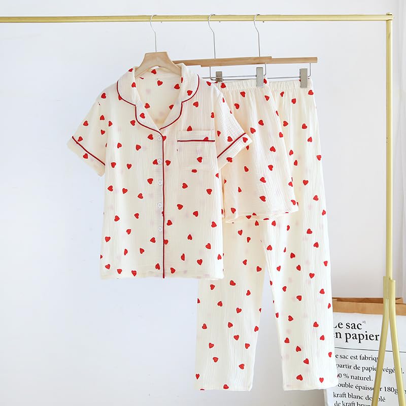 Image of codcm Womens 3pcs Cotton Pajamas Set Short Sleeve Sleepwear Fruit Print Cute Pj Set with Long Pants