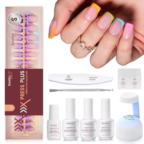 Image of Beetles X Press Summer Nails Kit: Short Square French Tip Press On Nails Kit With 7 Colors 224Pcs Rainbow Nail Tips Nail Glue & Builder Top Coat, UV Light, All-in-One DIY Gift For Women 16 Sizes