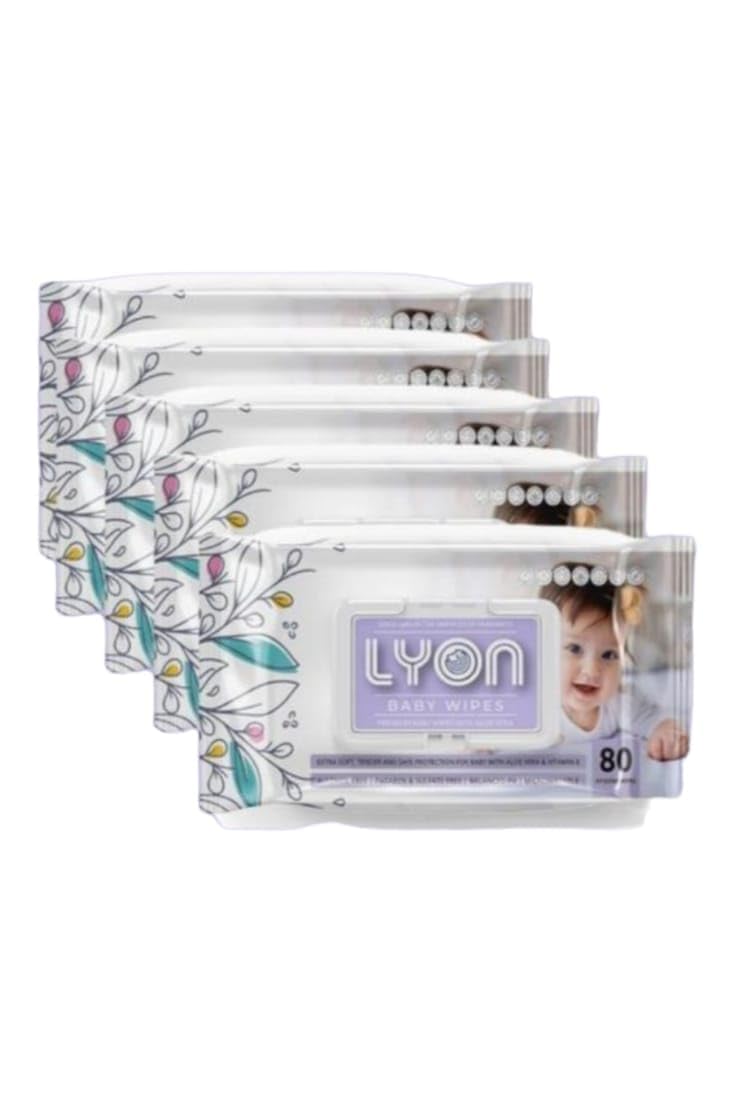 Lyon baby wet wipes with lid | 80 x 5-400 wipes | Enriched with aloe vera and vitamin E | Paraben - free and alcohol - free | Extra thick & moist wet wipes for baby's | 95% Pure Water (Pack of 5)-image-10