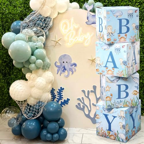 Image of 4 Pcs Under The Sea Baby Shower Boxes Ocean Theme Baby Shower Decorations Blocks with Letter Underwater Sea You Soon Party Centerpiece for Backdrop