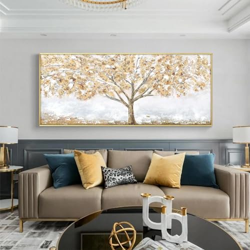 Peinture abstraite d'arbres dorés, tableau poétique grand format pour salon chic