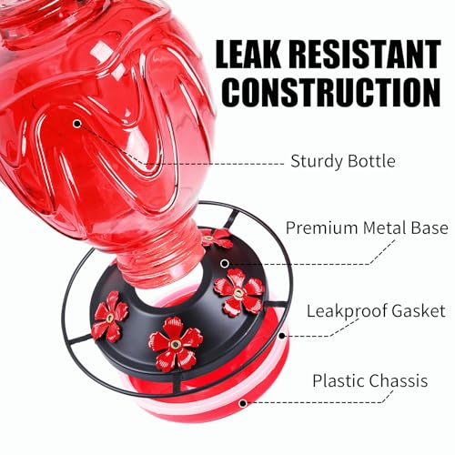 Image of 2 Pack Glass Hummingbird Feeder for Outdoors Hanging, 24Ozs Humming Bird Nectar Feeder w /Perch, 5 Flower Feeding Ports, Leak Proof Base and Hook for Outside Garden Backyard Decor, Red