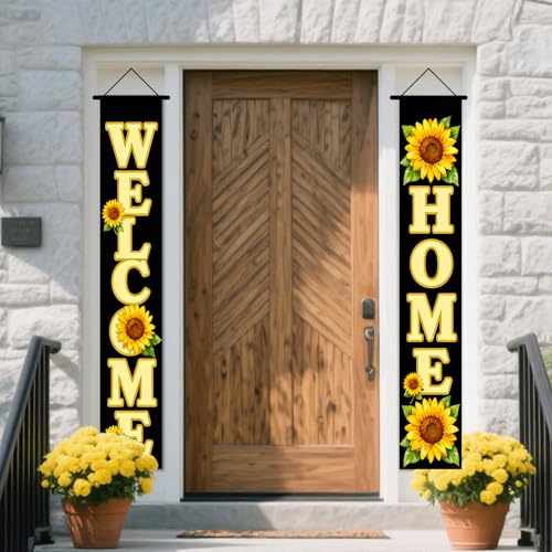 Image of Nuxovilar Welcome Home Sunflower Porch Banners 12x70 Inches Polyester | Spring Porch Sign, Hanging Decor Floral welcome Banner, Sunflower Flower Accent Home, Porch, Yard (Welcome Home)