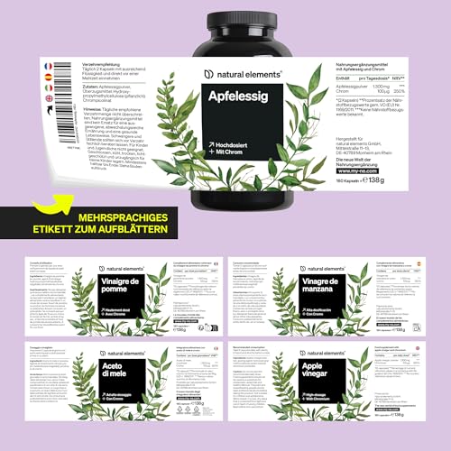 natural elements Apfelessig Kapseln – 180 Kapseln mit 1300mg Apfelessig pro Tagesdosis – vegan, hochdosiert, ohne unnötige Zusätze – in Deutschland produziert & laborgeprüft