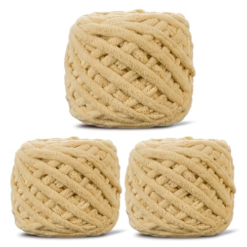 Image of 3 Pack Plush Chenille Chunky Yarn for Crocheting 100g(54.6yd) - Bulky Thick Fluffy Yarn for Knitting- Soft Velvet for Baby, Blanket Knitting Blanket Yarns- Amigurumi Yarns (3-Khaki)