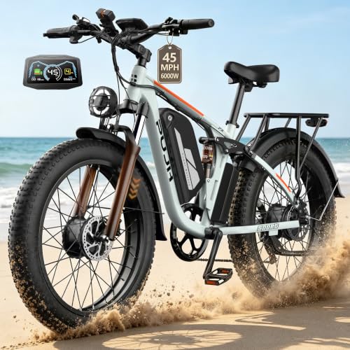 Image of PHJU 6000W Dual Motors 60V Electric Bike for Adults, 24'' Fat Tire,Up to 100 Miles Full Suspension Off Road Hunting Fast E-Bike for Men Women (White 6000W)