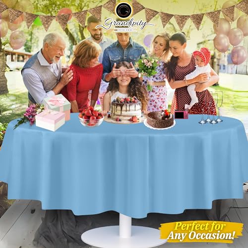 Image of Grandipity Plastic Table Cloth Disposable 12 Pack 84 inch Round Sky Blue | Plastic table covers, durable disposable tablecloths, fade and tear-resistent table cover for party, event