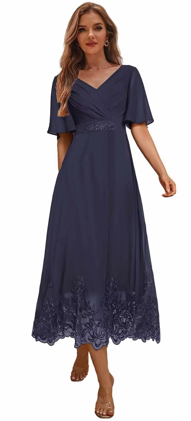 Flutter Sleeve Chiffon Mother of The Bride Dresses for Women Tea Length Evening Dress Lace Beaded Party Gown