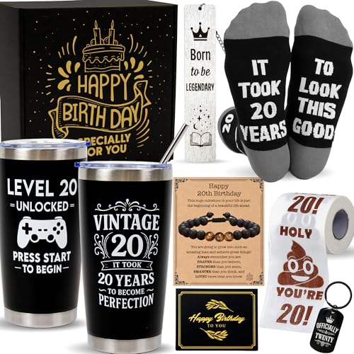 Zaiva 20th Birthday Gifts for Boys, 8 Pcs Gift Set, 20 Year Old Boy Birthday Gifts, Cool Gifts for 20 Year Old Boy , Gifts for 20 Year Old Bo y , Funny 20th Birthda y Gifts, Happy Birthda y boy