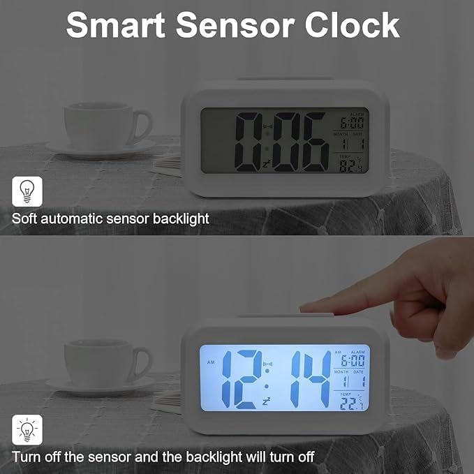 xyno Digital Alarm Clock for Kids & Adults | Battery Operated Clock with Night Light & Indoor Temperature Display | Compact Bedside Table Clock with Cute Funny Box (White) 3