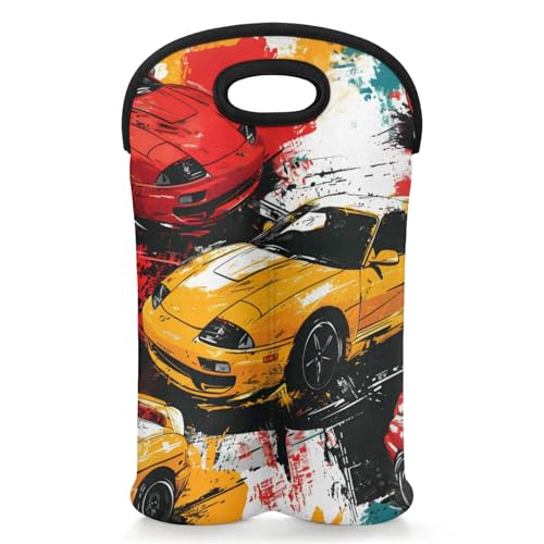 GzLeyigou 2 Bottles Abstract Retro Car Wine Bag Sleeve Totes Neoprene Protective Wine Carrier Bag for Wine,Water, Champagne, Beer, Baby Bottles,Gift 14.5 x 10 Inches