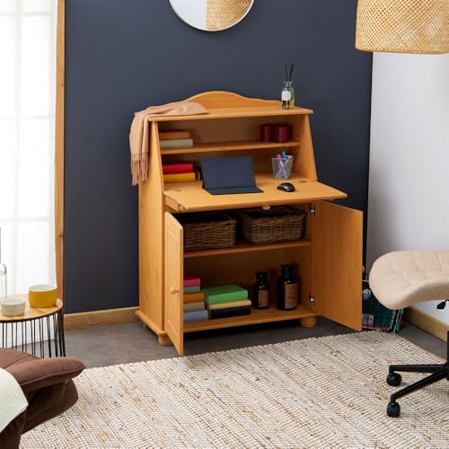 Bureau secrétaire David pin massif avec rangement étagères et portes de bureau
