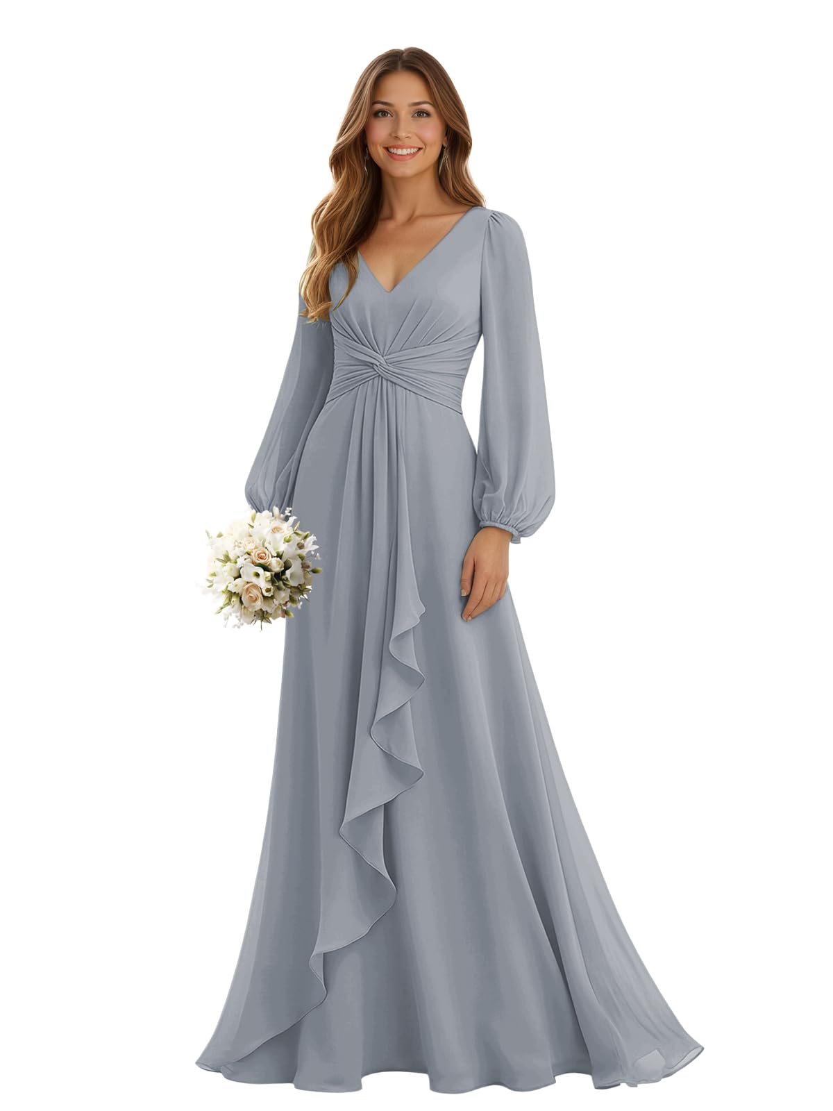 SNOWROSE Long Sleeve Bridesmaid Dresses for Women V Neck Pleated A Line Chiffon Ruffle Formal Wedding Guest Dress