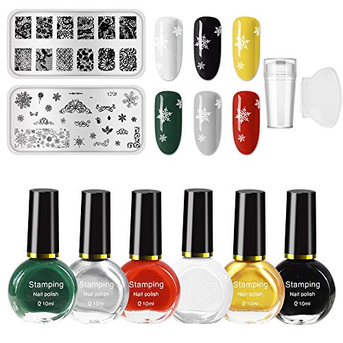Ownest 6 Colors Nail Art Stamping Polish Kit,Colourful Manicuring Plate Printing Polish Varnish 10ML,With 2 Manicure Nail Stamping Design Plates,1 Clear Nail Stamper