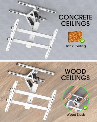 Image of Electric Ceiling TV Mount with Remote for 32-70 inch Flat Curved Screen TVs, Motorized Flip Down Ceiling Mount for Flat and Pitched Roof Indoor Outdoor, Drop Down VESA Mount Bracket, White