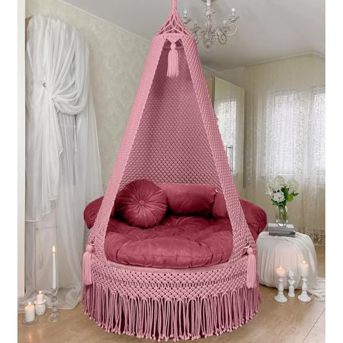 Image of KAAHIRA Bohemian Macrame Hanging Swing Chair- Aesthetic Cotton Rope Hammock for Indoor & Outdoor - Patio, Balcony, Bedroom, Living Room, Garden-Kids, Adults & Pets - Boho Decor (Pink)