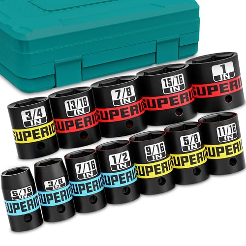 Image of 12 Piece 3 /8 inch Drive Impact Socket Set, 5 /16 inch - 1 inch Shallow Socket, SAE, 6 Point, CR-V, Automotive Motorcycle and Bicycle Maintenance, Machinery Manufacturing
