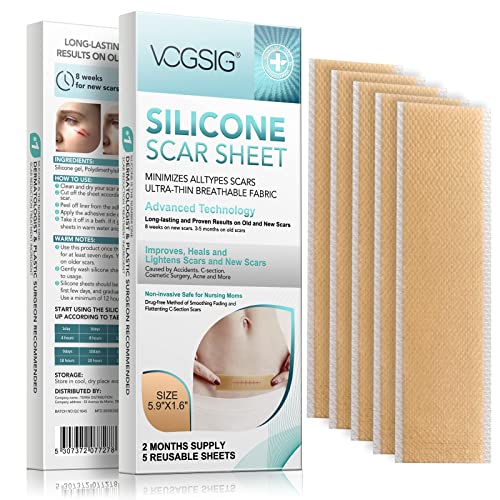 Silicone Scar Strips, Tiras de Silicona para Eliminar Cicatrices, Cinta Suave Eficaz para Cicatrices para Cirugía, Queloides, Acné y Cicatrices de Sección C, 5 Hojas Reutilizables, 5.9 x 1.6 Pulgadas