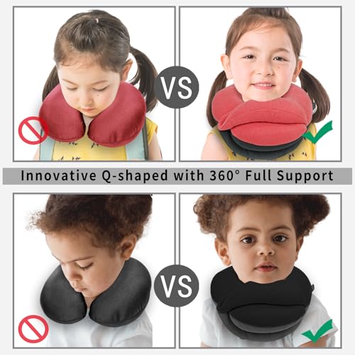 BUYUE Kids Travel Pillows for Airplane, 360° Head Support Sleeping Essentials for Boys Long Flight, Skin-Friendly Soft Neck Pillow for Traveling in Car Seat, (Small, Pink Grey, 40-90 lbs)
