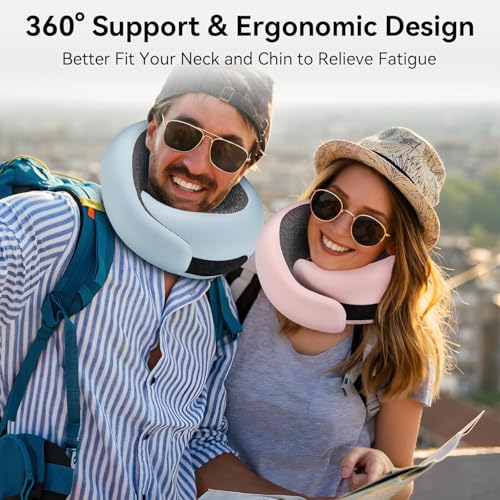 Image of Travel Neck Pillow for Airplanes, 100% Pure Memory Foam Travel Pillow with Ergonomic 360 Support, Travel Essentials for Long Flights, Car, Train and Home, Max Blue