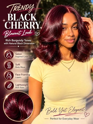 Image of Beauty Forever Black Cherry Glueless Bob Wig Human Hair, HD Lace Body Wave Bob with Face Framing Bangs, Pre Cut Pre Plucked Wear and Go Wig, Natural Blowout Look 12inch