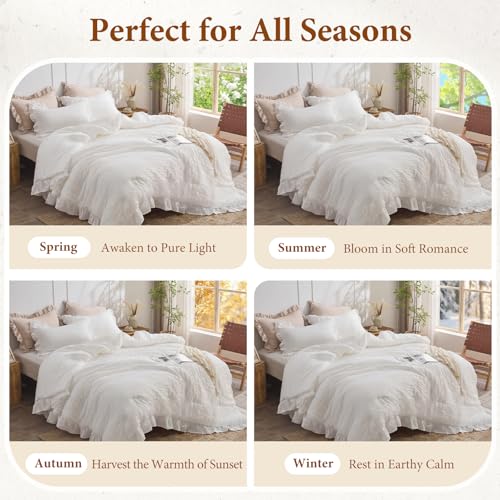 Image of JOLLYVOGUE Oversized Queen Comforter Set, 3 Pieces White Seersucker Comforters, Lightweight & Fluffy Bedding Sets for All Season with 1 Ruffle Comforter and 2 Ruffle Pillowshams