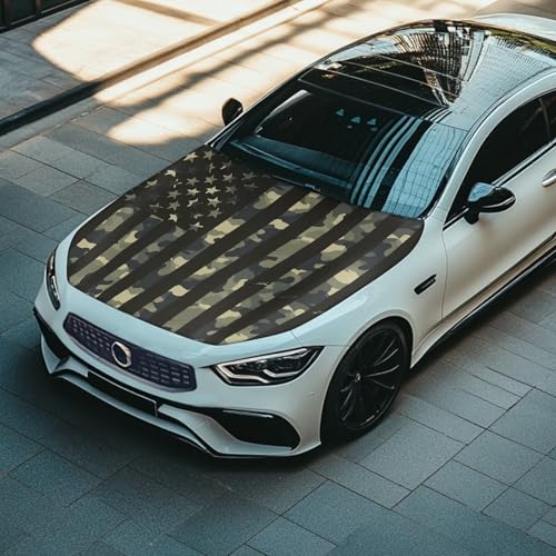 Image of Camo American Flag Car Hood Covers for Automobiles, Elastic Fabric for Car Hood Decoration and Protection, Can be Washed Camouflage Hunting Flag Auto Accessories