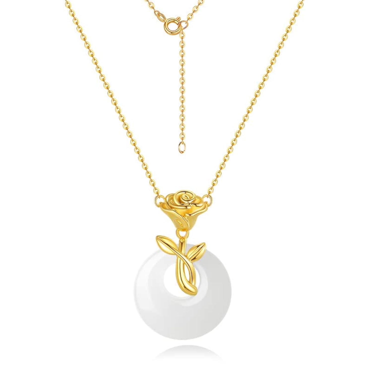 AMINKINA 14K Gold Natural Jade Pendant Necklace, Rose Flower Jade Necklace - Perfect Birthday and Mother's Day Gift for Mom, Wife and Girlfriend