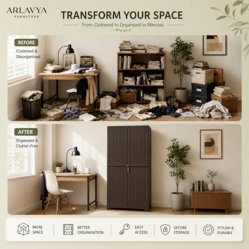 Image of ARLAVYA 4.4 Ft x 2.1 Ft Storage Plastic Cupboard | 1 Year Warranty | Free Standing Cabinet | (Finish Color - Brown, Door Type- Hinged, DIY(Do-It-Yourself)) | (3 Shelf)