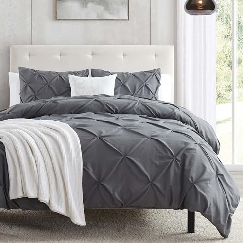 Image of Nestl Dark Grey Duvet Cover Full Size - Soft Double Brushed Duvet Set with Button Closure & Corner Ties, 3 Piece Luxurious Pinch Pleated Duvet Cover Set 80x90 Inches with 2 Pillow Shams