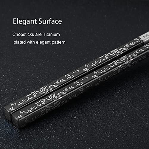Premium Titanium Plated Stainless Steel Chopsticks - Dishwasher Safe, Non-Slip, Laser Engraved - 2 Pairs Gift Set (Black, Silver) - Image 3