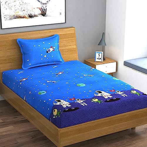 Image of Elastic Fitted Single Bed Bedsheet for Kids | Glace Cotton Bedsheet with 1 Pillow Cover - 200TC Astronote Cartoon Print for Children, 72x48x Upto 6 Inches (Blue)