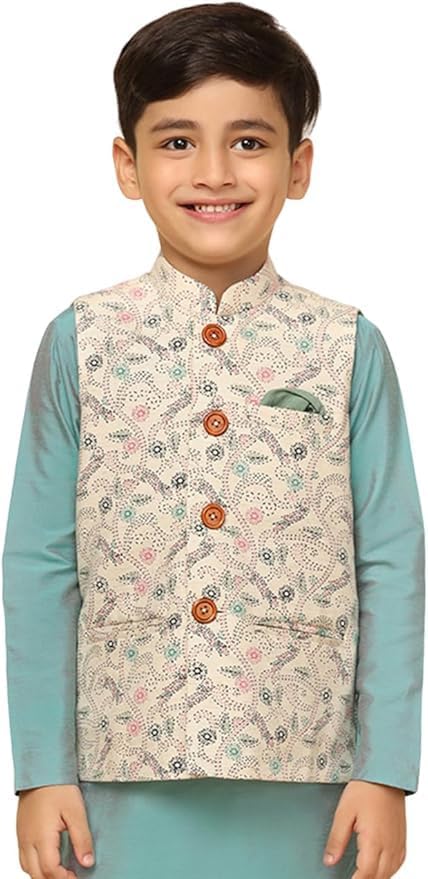 Boy's Cotton Blend Regular Fit Solid Green Nehru Jacket
