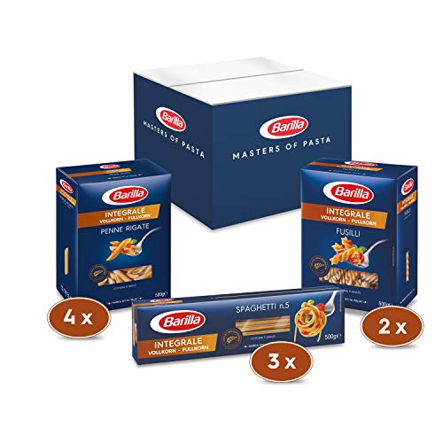 Barilla Caja de pasta de grano completo, paquete con 3 variantes, pasta integral, 9 x 500 g
