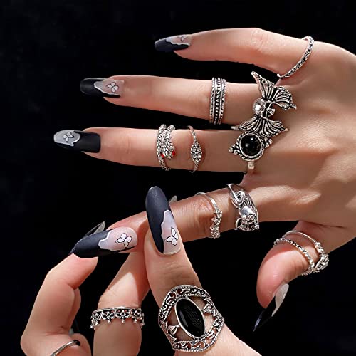 17If 26 Pcs Vintage Silver Goth Ring Set For Women Punk Boho Stackable Finger Knuckle Ring Pack Gothic Chunky Aesthetic Grunge Adjustable Animal Devil Skull Angel Crying Eye Emo Retro Sparkle Crystal Rings thumb #5