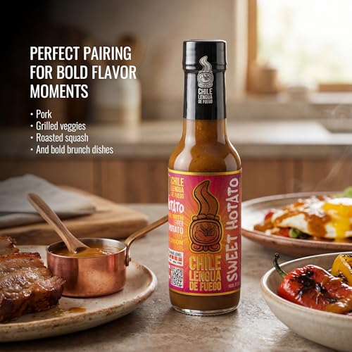 Image of Chile Lengua de Fuego Sweet Hotato - Roasted Sweet Potato & Scotch Bonnet Hot Sauce, Sweet Smoky Gourmet, 5 oz Bottle (Pack of 1)