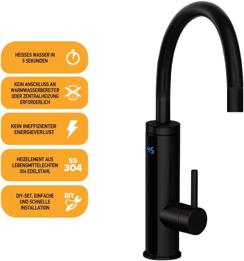 Key benefits of HOGART faucet: 5 seconds hot water, no central heating needed, no energy loss, DIY installation