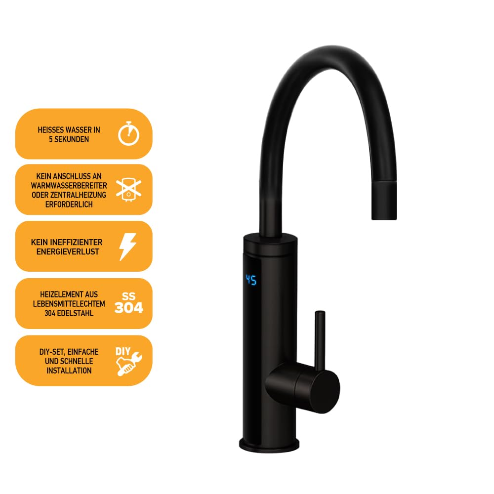 HOGART Elektrische Wasserhahn mit Durchlauferhitzer 230v für Küche, Garten, Bad, Wohnwagen, Camping, 2 Aufsätze, Smart Heater, Armatur mit Sofortiger Warmwasserbereiter, Warmwasserhahn, Wasserboiler